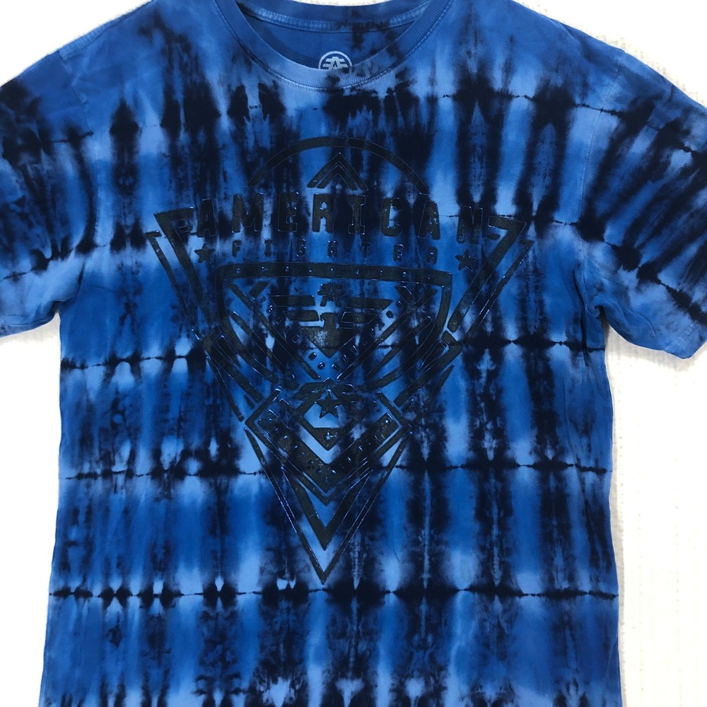 American Fighter Graphic T-Shirt Blue Tie Dye Short Sleeve Tee Men's Size Large